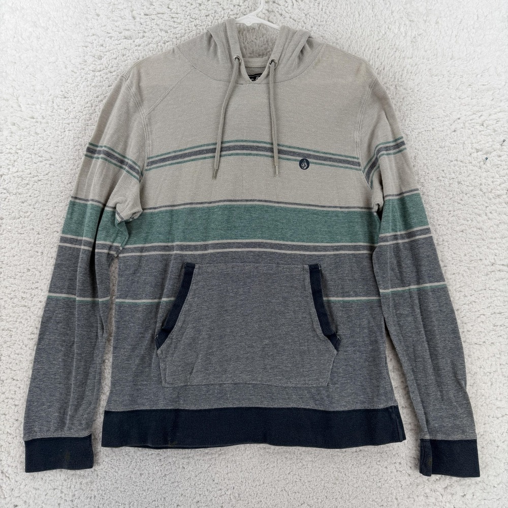 Volcom Mens Medium Gray Striped Lightweight Pullover Hoodie A0344102 Sweatshirt